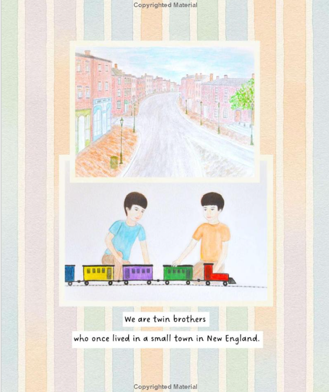 Twin brothers playing with a toy train beneath a view of their New England town.