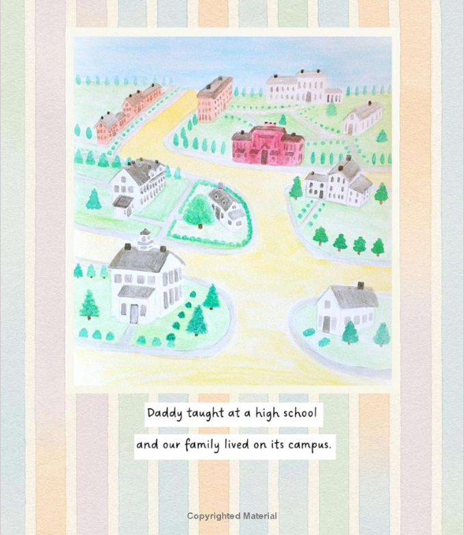 A watercolor view of the high school campus where the twins lived with their family.